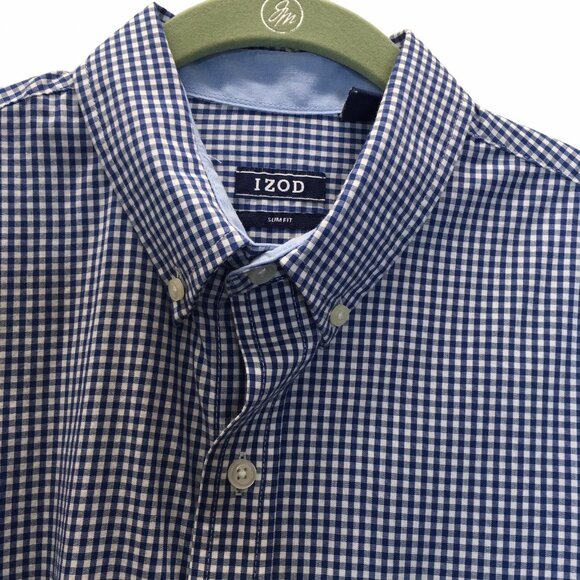 Izod Dress Shirt Men Medium Blue White Check Slim Fit Long Sleeve Classic Preppy - Picture 2 of 11